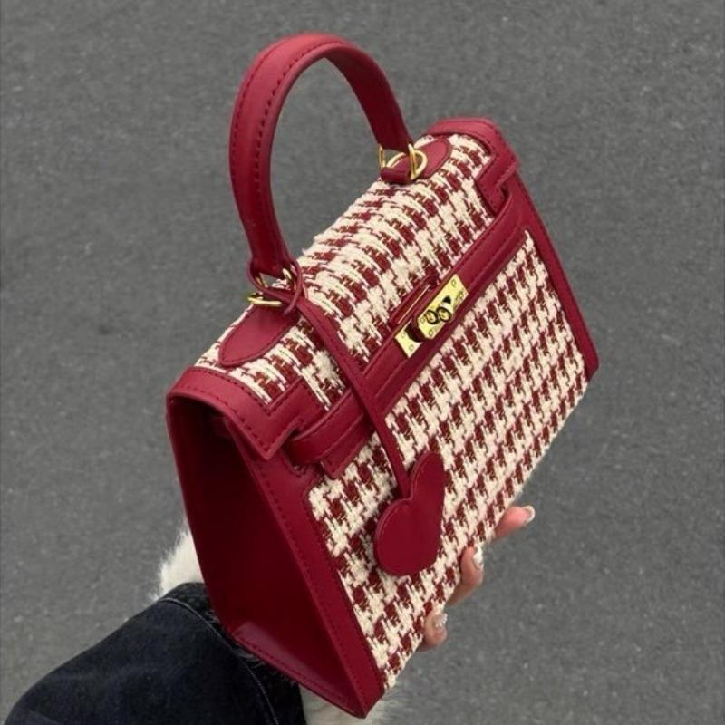 Red Thousand Birds Grid Series Bag 2024 New Bag Feel Woven Portable Plush Bag