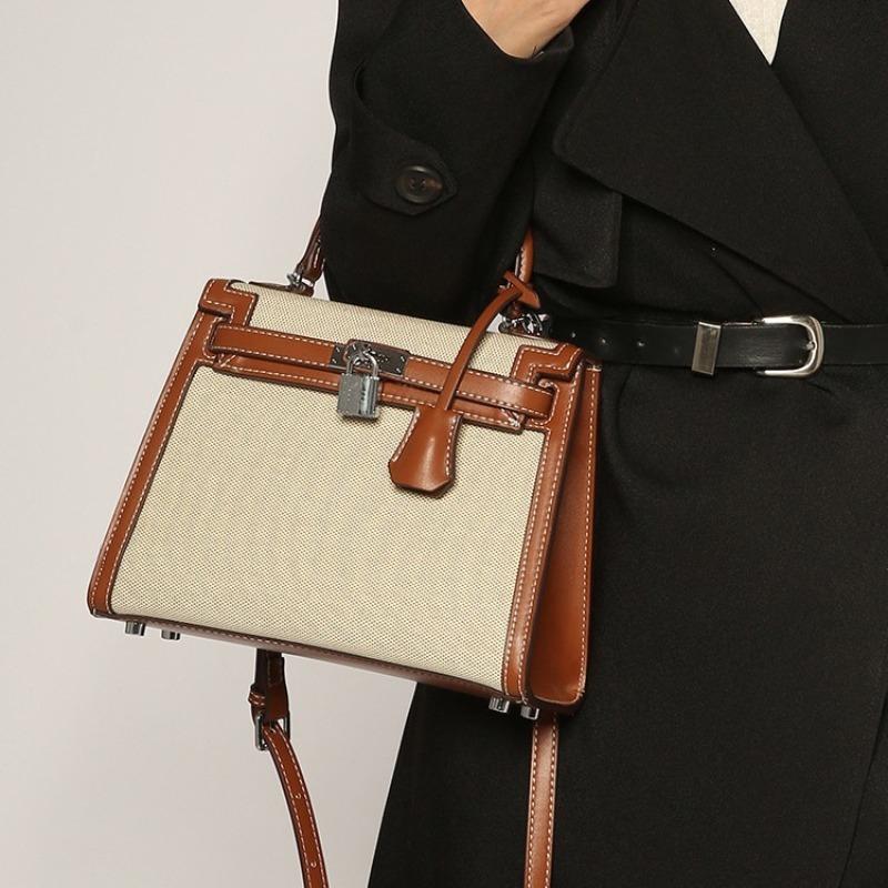 New fashion classic splicing canvas second generation Kelly bag portable women's bag