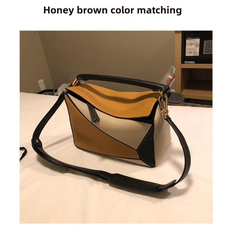 2024 new geometric pillow bag autumn and winter fashion trend single shoulder oblique span portable leather women's bag splicing women's bag