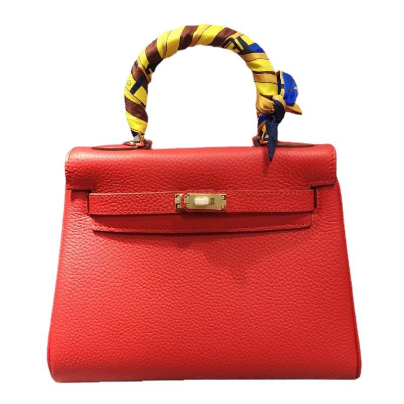 Classic first layer leather Kelly bag lychee leather large capacity first layer cowhide single shoulder crossbody rose red wrist bag