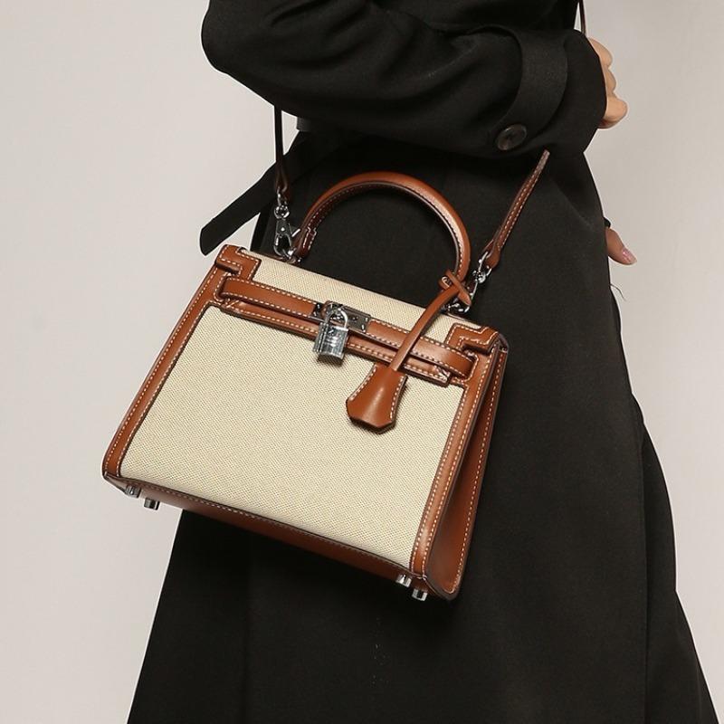 New fashion classic splicing canvas second generation Kelly bag portable women's bag