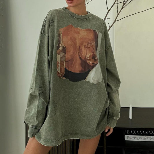 Oil painting printing round neck loose pullover sweater women's American retro broken hole do old medium and long sweater top