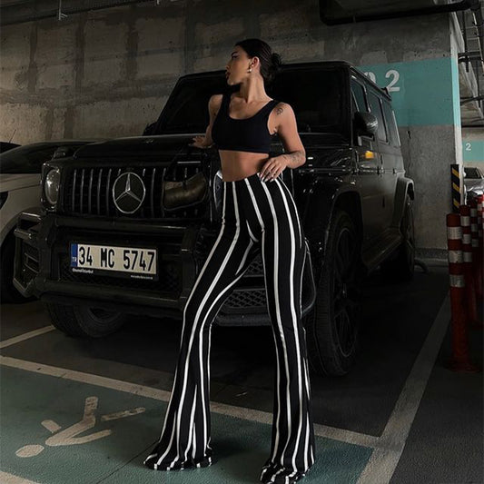 2025 spring and summer fashion street shooting vertical stripe printing micro-speaker black and white contrasting color casual trousers women