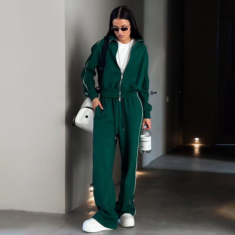 Semi-turtleneck double-ended zipper sweater sports suit fashionable street side stripes contrasting color two-piece set