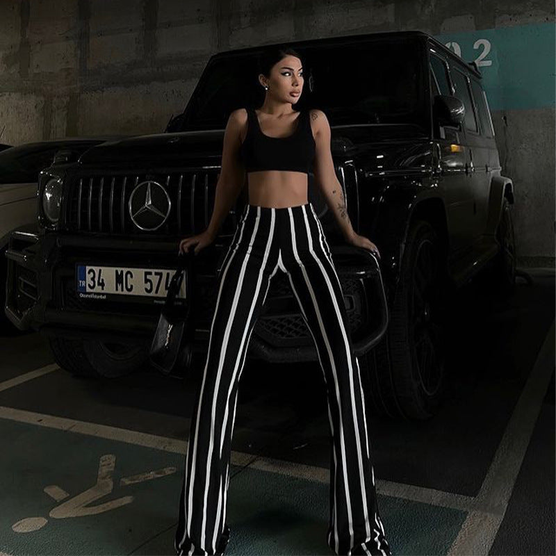 2025 spring and summer fashion street shooting vertical stripe printing micro-speaker black and white contrasting color casual trousers women