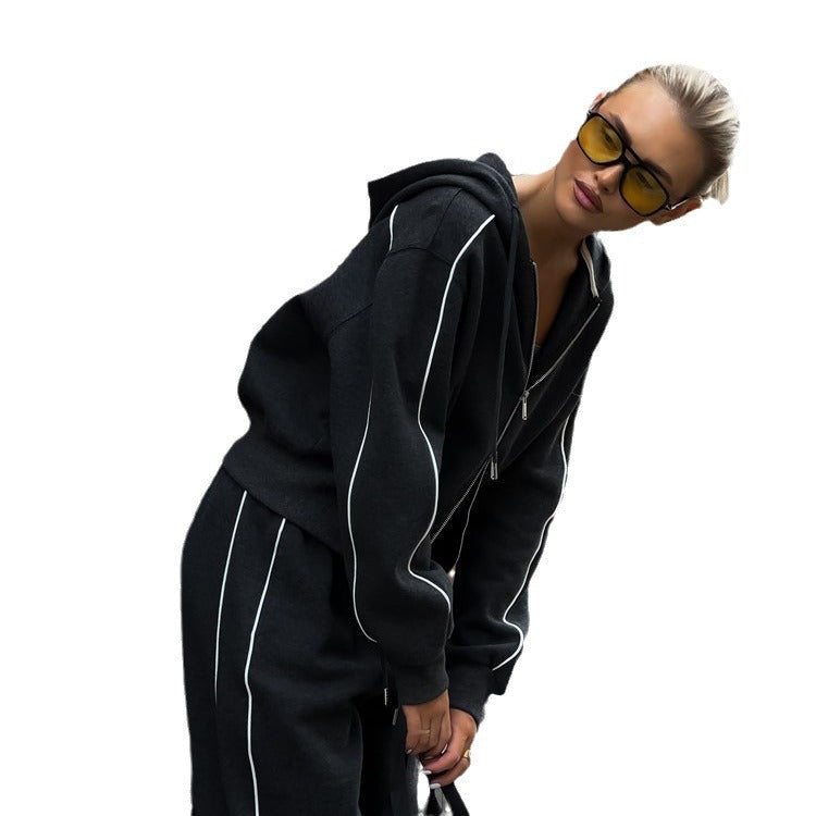 Semi-turtleneck double-ended zipper sweater sports suit fashionable street side stripes contrasting color two-piece set