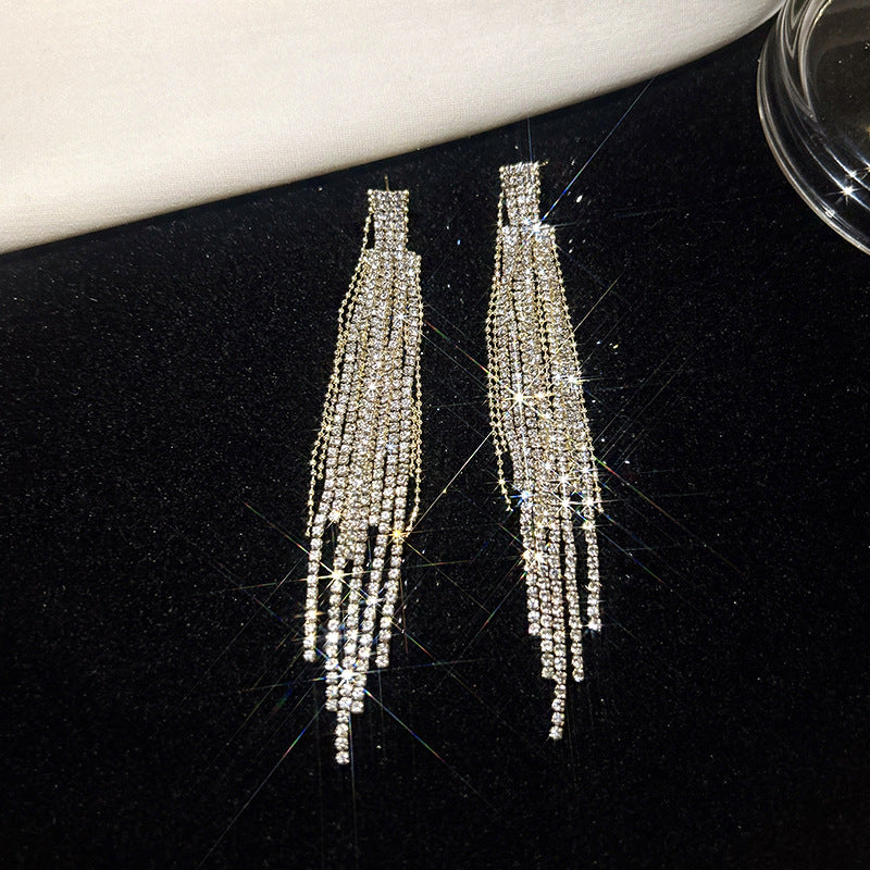 925 silver needle personalized long fringed earrings, high-end temperament earrings, women's diamond-set European and American exaggerated earrings, autumn and winter