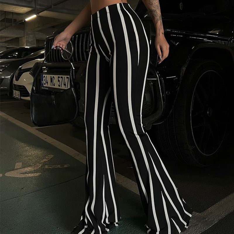 2025 spring and summer fashion street shooting vertical stripe printing micro-speaker black and white contrasting color casual trousers women