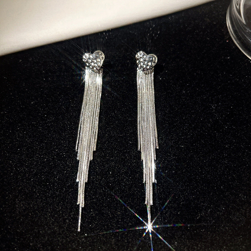 925 silver needle personalized long fringed earrings, high-end temperament earrings, women's diamond-set European and American exaggerated earrings, autumn and winter