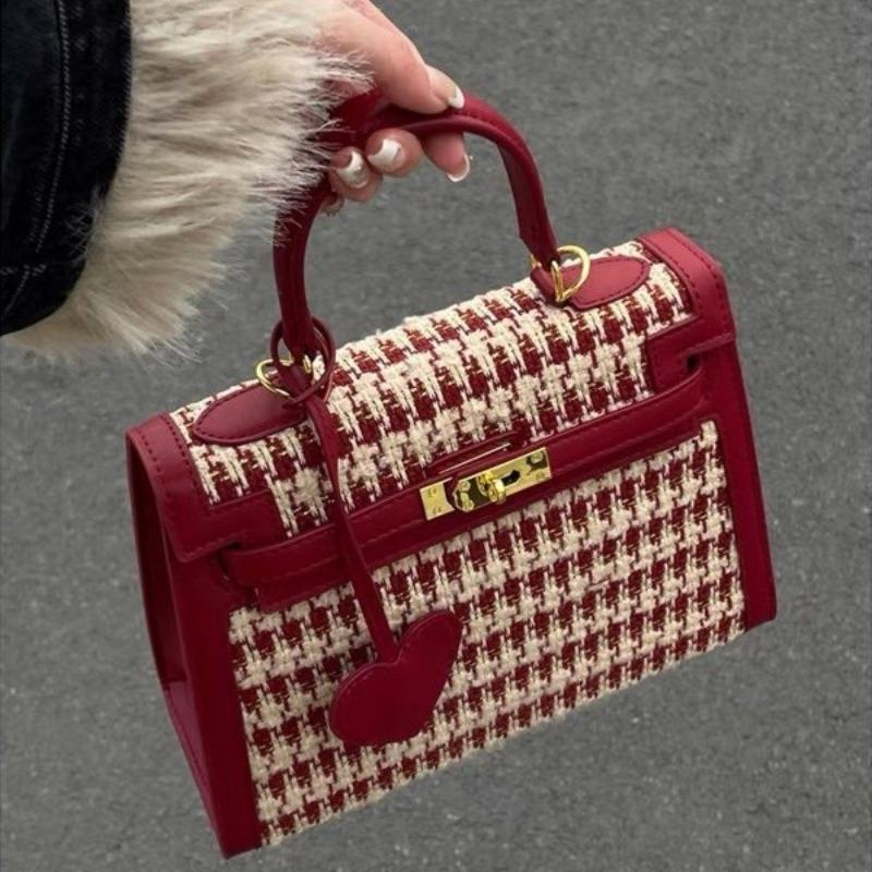 Red Thousand Birds Grid Series Bag 2024 New Bag Feel Woven Portable Plush Bag