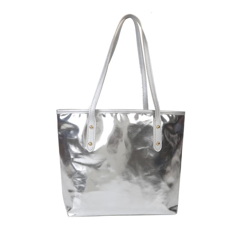 2023 new women's shoulder silver tote bag large capacity simple storage bag trendy fashion handbag shopping bag