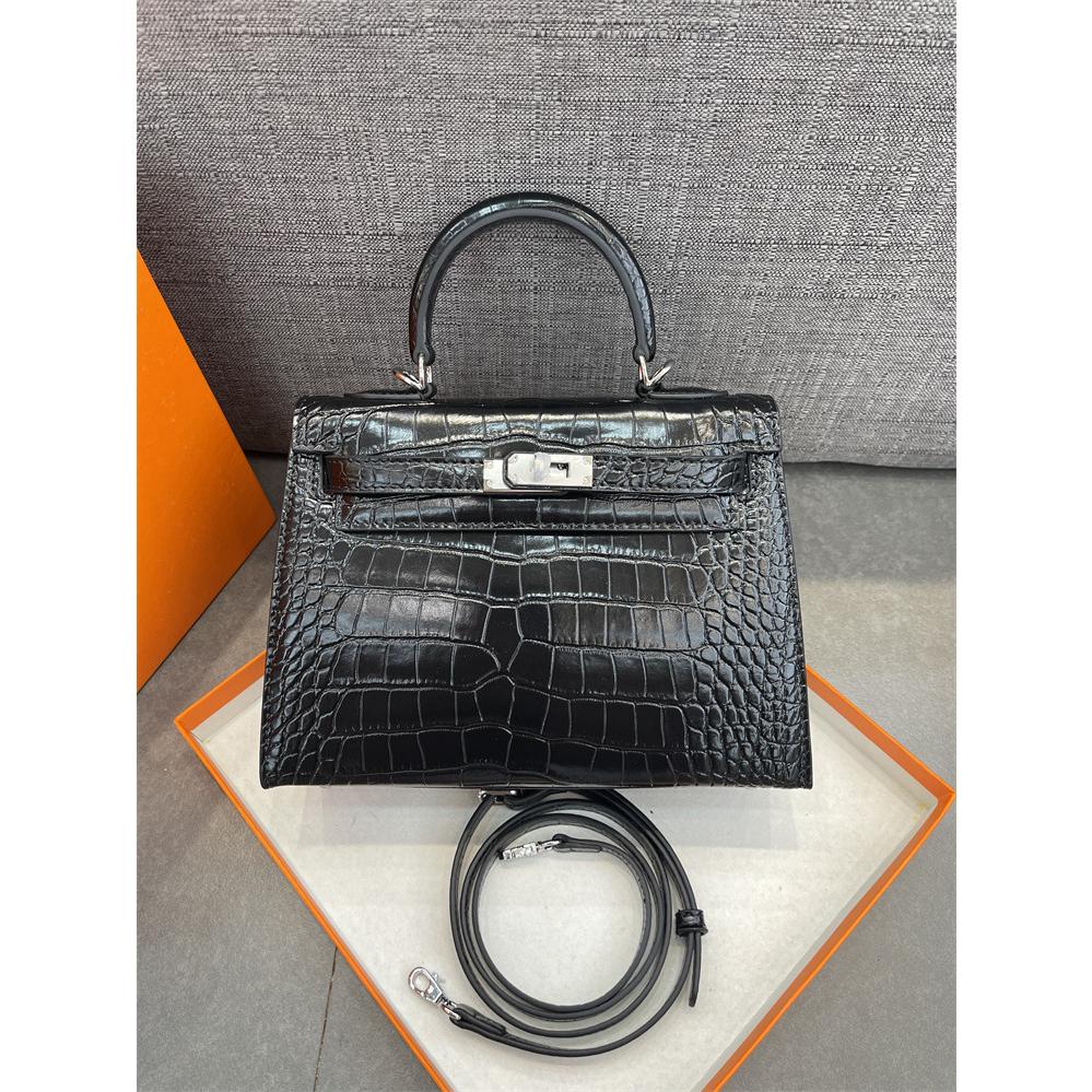 New women's bag crocodile pattern palm pattern second generation Kelly bag cowhide mini Kelly bag shoulder crossbody handbag